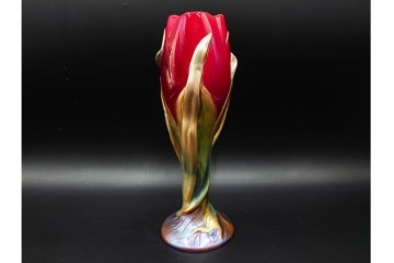 ハンガリー　Zsolnay(ジョルナイ)　エオシン釉?　高さ約28cm　チューリップの意匠が印象的な花瓶　(R-087216)