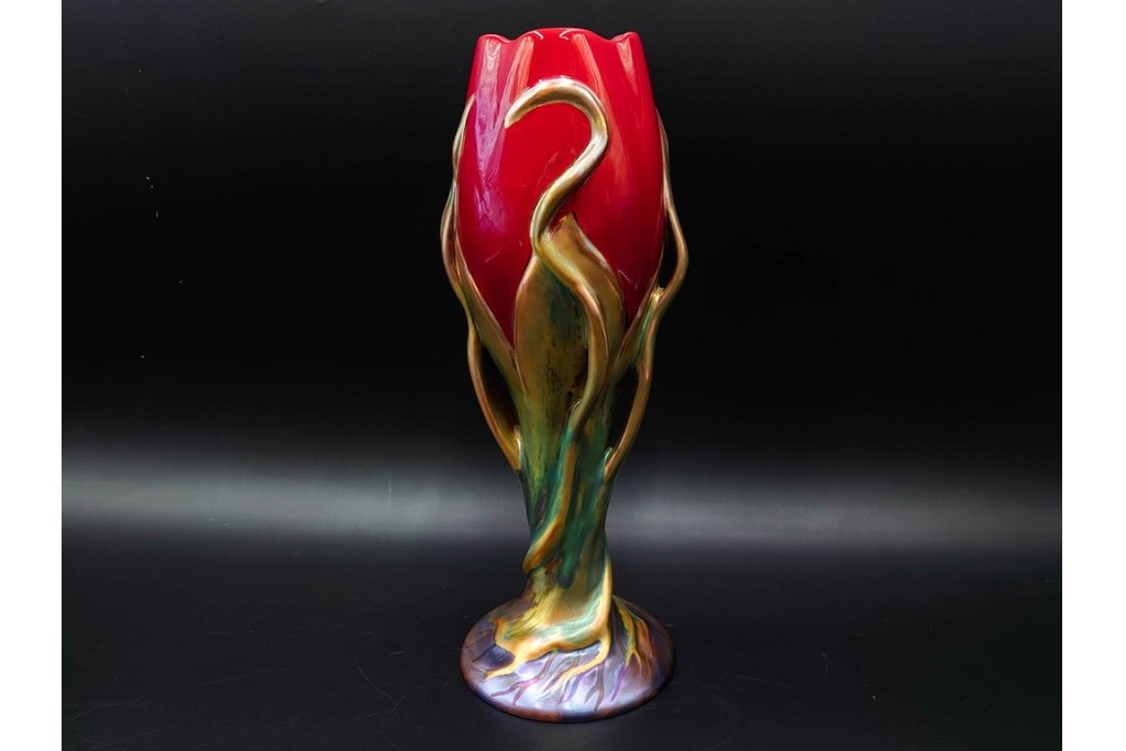 ハンガリー　Zsolnay(ジョルナイ)　エオシン釉?　高さ約28cm　チューリップの意匠が印象的な花瓶　(R-087216)