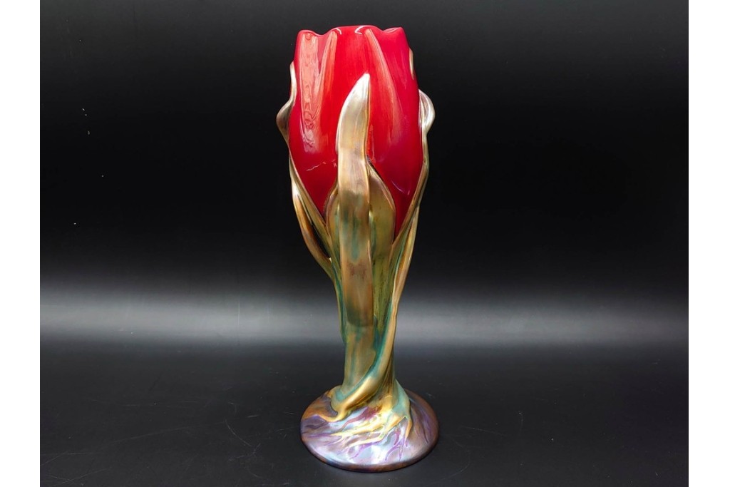 ハンガリー　Zsolnay(ジョルナイ)　エオシン釉?　高さ約28cm　チューリップの意匠が印象的な花瓶　(R-087216)