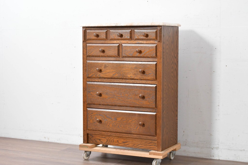 中古　美品　三越家具(現カントリーハウス)　Brugge(ブルージュ)　楢(ナラ)材　天板大理石　上品な大理石天板のクラシックチェスト　(R-087233)