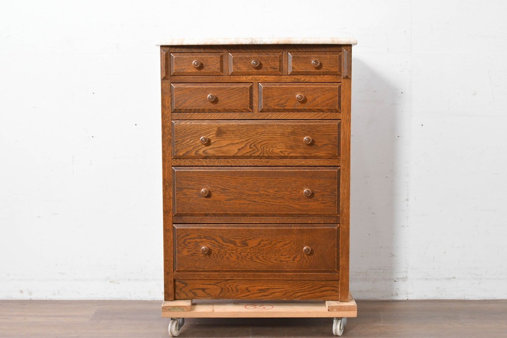 中古　美品　三越家具(現カントリーハウス)　Brugge(ブルージュ)　楢(ナラ)材　天板大理石　上品な大理石天板のクラシックチェスト　(R-087233)