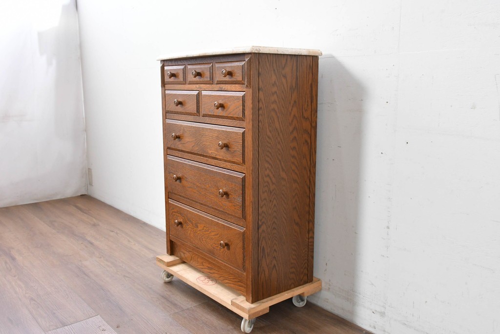 中古　美品　三越家具(現カントリーハウス)　Brugge(ブルージュ)　楢(ナラ)材　天板大理石　上品な大理石天板のクラシックチェスト　(R-087233)