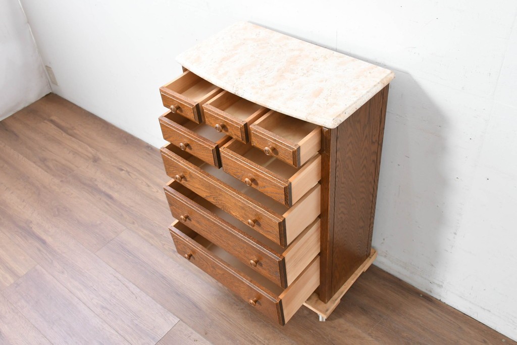 中古　美品　三越家具(現カントリーハウス)　Brugge(ブルージュ)　楢(ナラ)材　天板大理石　上品な大理石天板のクラシックチェスト　(R-087233)