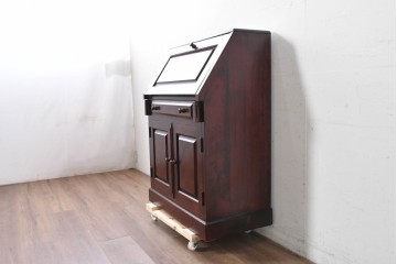 中古　国産職人手作り　深みのある赤褐色の木色が美しいライティングビューロー (R-087236)