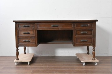 和製ヴィンテージ　国産　ナラ材　収納力に優れた使い勝手の良い両袖デスク　(R-087246)