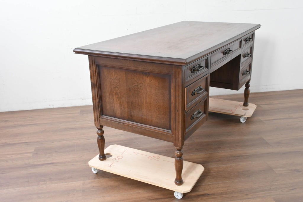 和製ヴィンテージ　国産　ナラ材　収納力に優れた使い勝手の良い両袖デスク　(R-087246)