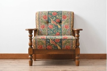 中古　三越家具　COUNTRY HOUSE(カントリーハウス)　Brugge(ブルージュ)　優雅な花鳥柄の一人掛けソファ　定価約19万円　(R-087255)