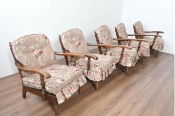 中古　美品　飛騨産業　キツツキ　穂高シリーズ　花柄とフリルが華やかな1人掛けソファ5脚セット　定価(5脚合計)約65万円　(R-087258)