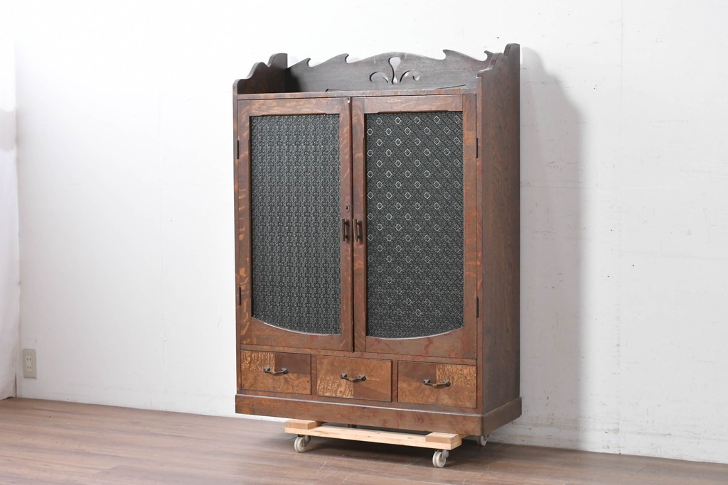 和製アンティーク　引き出しのパーケットリーがお洒落な色ガラス入り本箱　(R-087268)