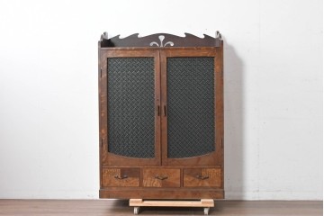 和製アンティーク　引き出しのパーケットリーがお洒落な色ガラス入り本箱　(R-087268)