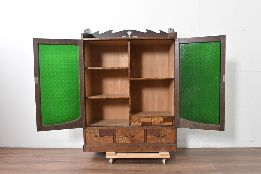 和製アンティーク　引き出しのパーケットリーがお洒落な色ガラス入り本箱　(R-087268)