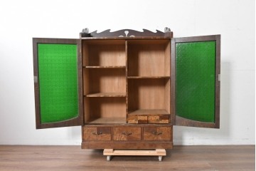 和製アンティーク　引き出しのパーケットリーがお洒落な色ガラス入り本箱　(R-087268)