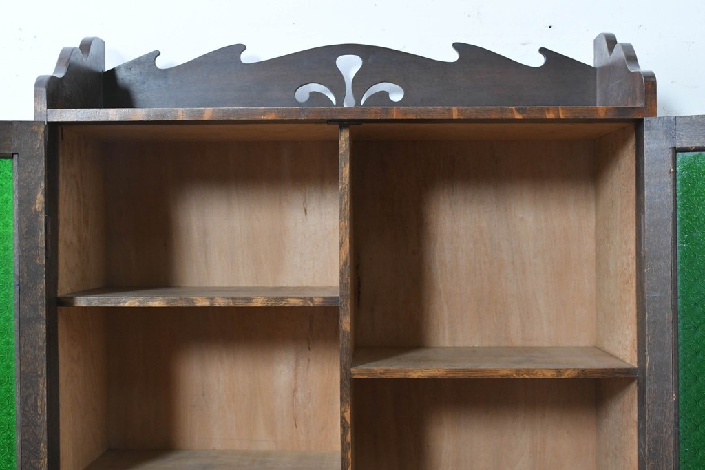 和製アンティーク　引き出しのパーケットリーがお洒落な色ガラス入り本箱　(R-087268)