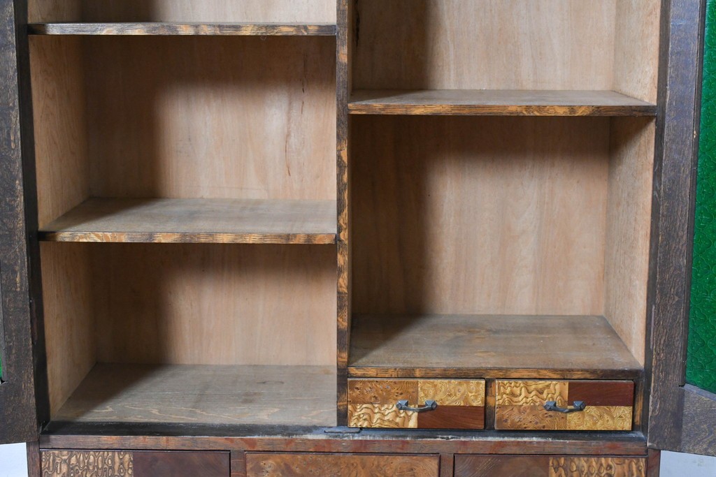 和製アンティーク　引き出しのパーケットリーがお洒落な色ガラス入り本箱　(R-087268)