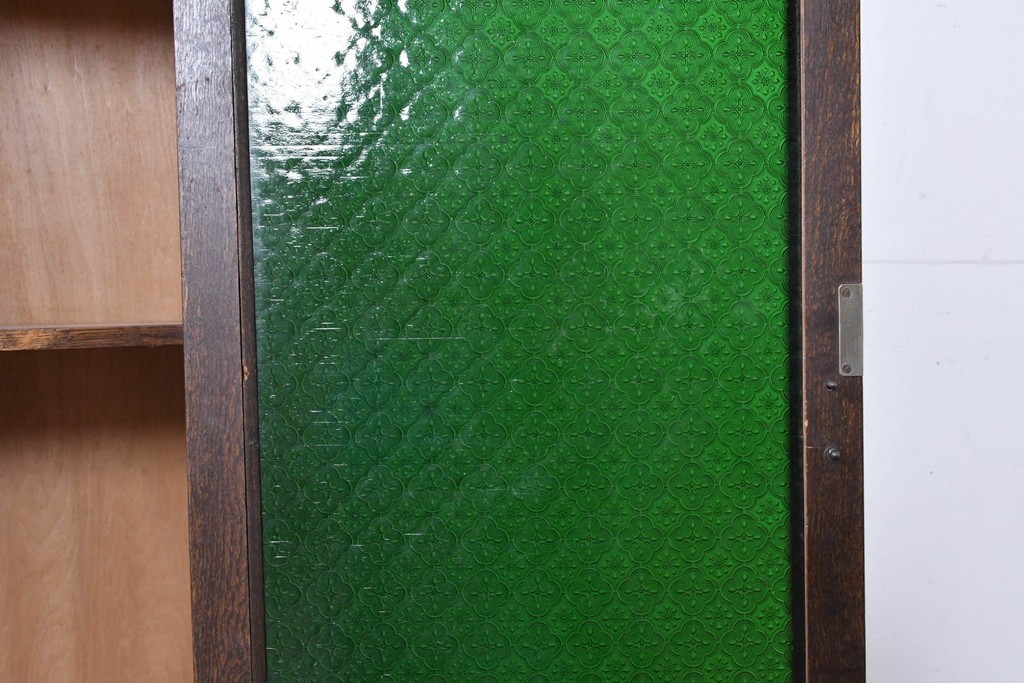 和製アンティーク　引き出しのパーケットリーがお洒落な色ガラス入り本箱　(R-087268)