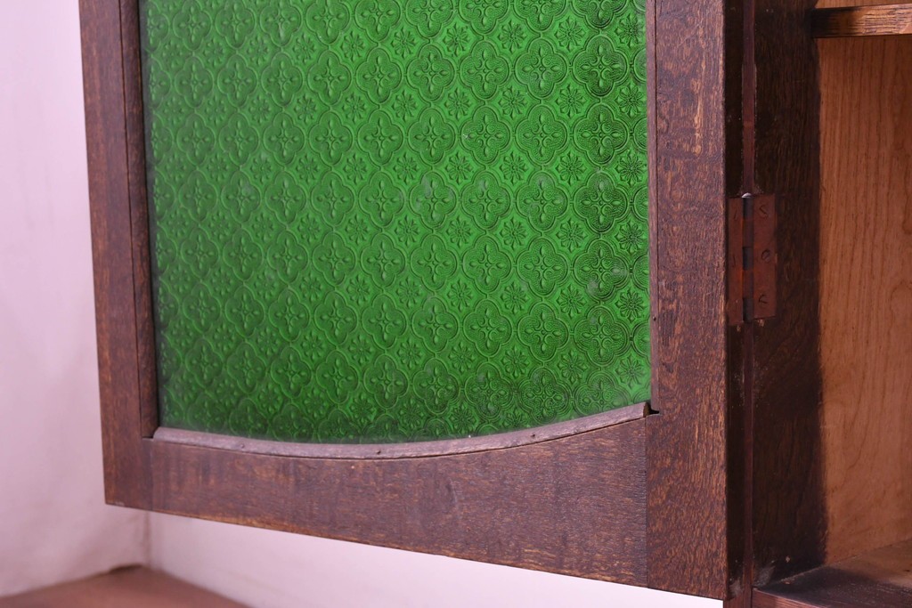 和製アンティーク　引き出しのパーケットリーがお洒落な色ガラス入り本箱　(R-087268)