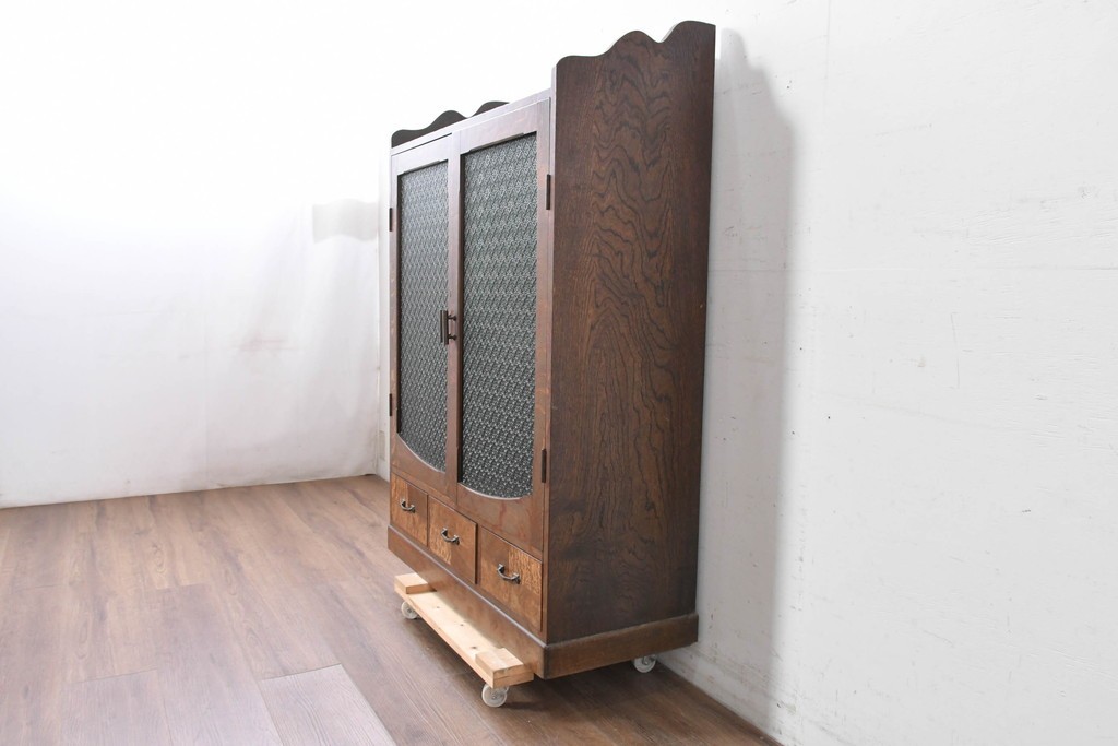 和製アンティーク　引き出しのパーケットリーがお洒落な色ガラス入り本箱　(R-087268)