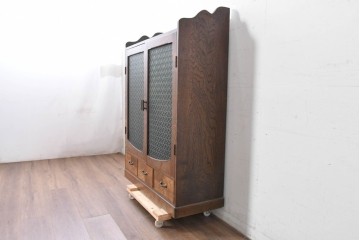 和製アンティーク　引き出しのパーケットリーがお洒落な色ガラス入り本箱　(R-087268)