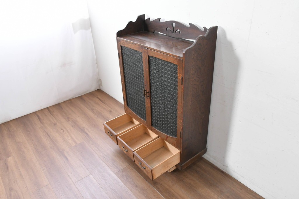 和製アンティーク　引き出しのパーケットリーがお洒落な色ガラス入り本箱　(R-087268)