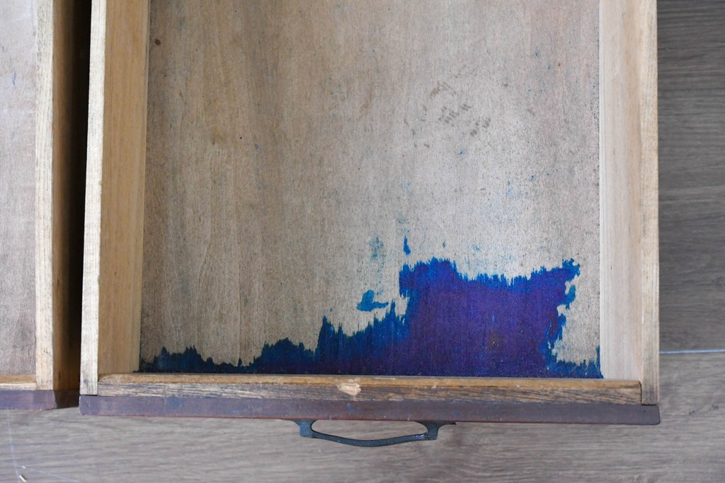 和製アンティーク　引き出しのパーケットリーがお洒落な色ガラス入り本箱　(R-087268)