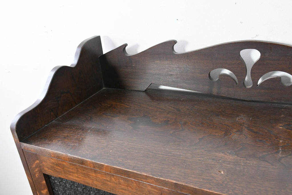 和製アンティーク　引き出しのパーケットリーがお洒落な色ガラス入り本箱　(R-087268)