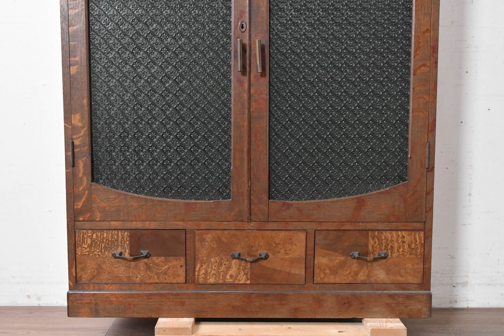 和製アンティーク　引き出しのパーケットリーがお洒落な色ガラス入り本箱　(R-087268)