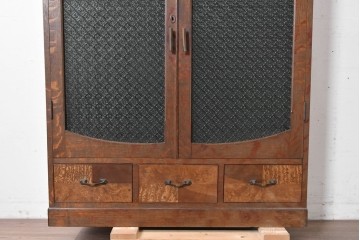 和製アンティーク　引き出しのパーケットリーがお洒落な色ガラス入り本箱　(R-087268)