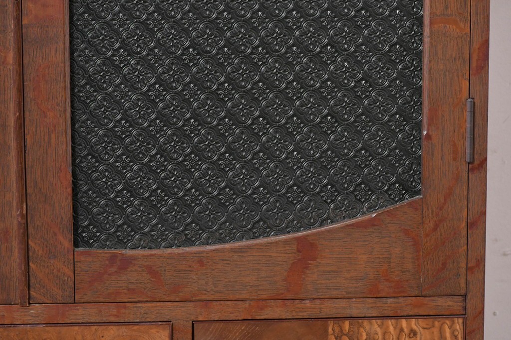 和製アンティーク　引き出しのパーケットリーがお洒落な色ガラス入り本箱　(R-087268)