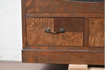 和製アンティーク　引き出しのパーケットリーがお洒落な色ガラス入り本箱　(R-087268)