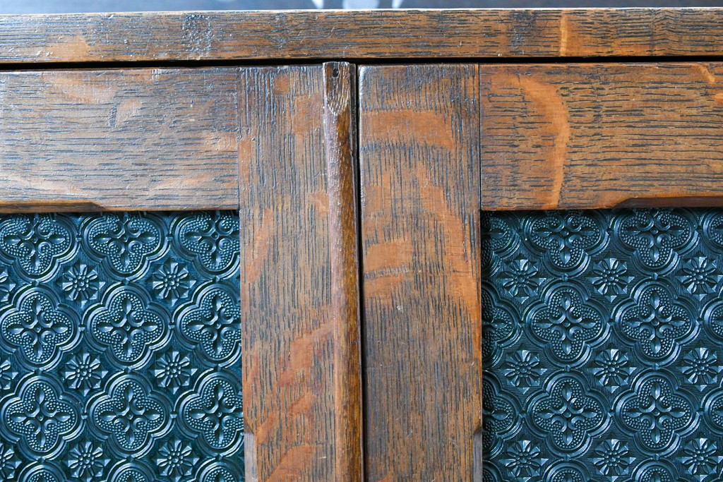 和製アンティーク　引き出しのパーケットリーがお洒落な色ガラス入り本箱　(R-087268)