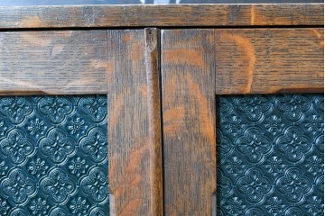 和製アンティーク　引き出しのパーケットリーがお洒落な色ガラス入り本箱　(R-087268)