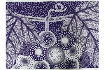 未使用　草間彌生　オリジナル作品　「ぶどう」　深みのある紫色が上品な大判風呂敷　外箱付き　(R-087271)