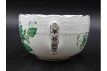 ハンガリー製　HEREND(ヘレンド)　ティーカップ&ソーサー(インドの華)・オーバルディッシュ(アポニー・グリーン)のセット　定価(2点合計)約9万4千円　(R-087295)