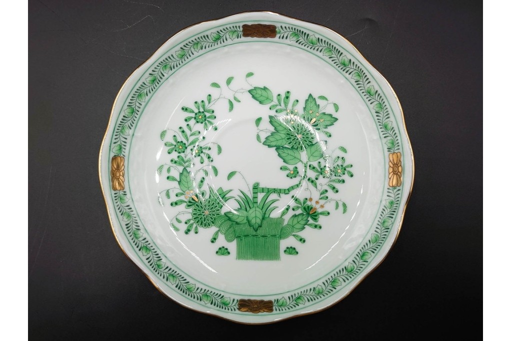 ハンガリー製　HEREND(ヘレンド)　ティーカップ&ソーサー(インドの華)・オーバルディッシュ(アポニー・グリーン)のセット　定価(2点合計)約9万4千円　(R-087295)