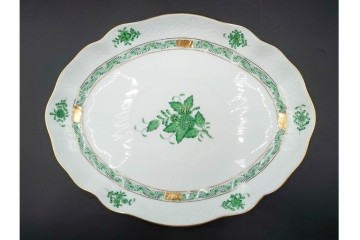 ハンガリー製　HEREND(ヘレンド)　ティーカップ&ソーサー(インドの華)・オーバルディッシュ(アポニー・グリーン)のセット　定価(2点合計)約9万4千円　(R-087295)