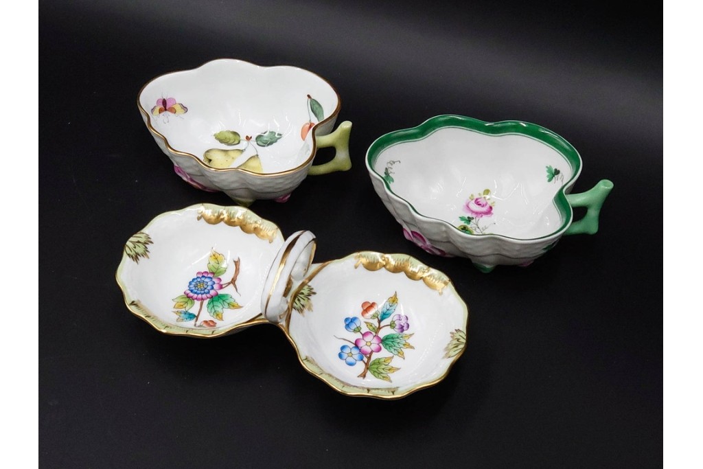 ハンガリー製　HEREND(ヘレンド)　オープンシュガー2点(フルーツアラカルト、ウィーンの薔薇)　ジャム・マーマレード(ヴィクトリア・ブーケ)　洋食器3点セット　(R-087296)