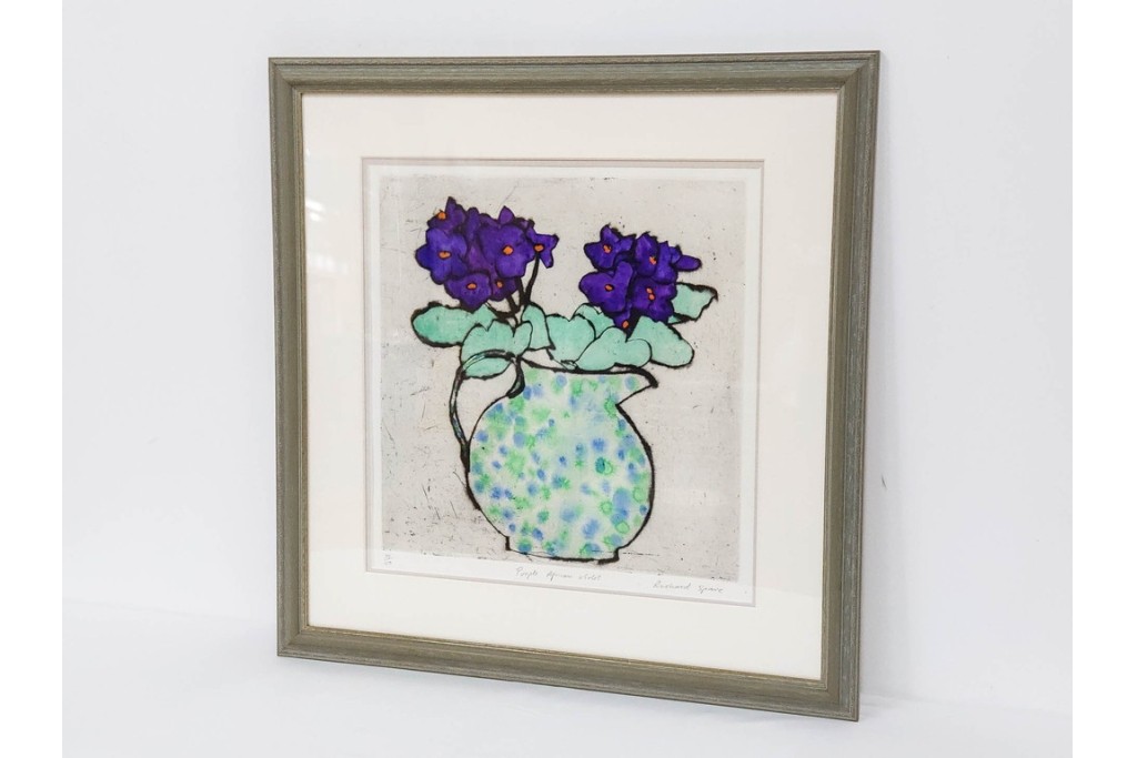 真作　サイン&メッセージ入り　リチャード・スペア(Richard Spare)　73/150　ドライポイント(銅版画)・水彩画　「Purple African Violet(パープル・アフリカン・バイオレット)」　(R-087299)