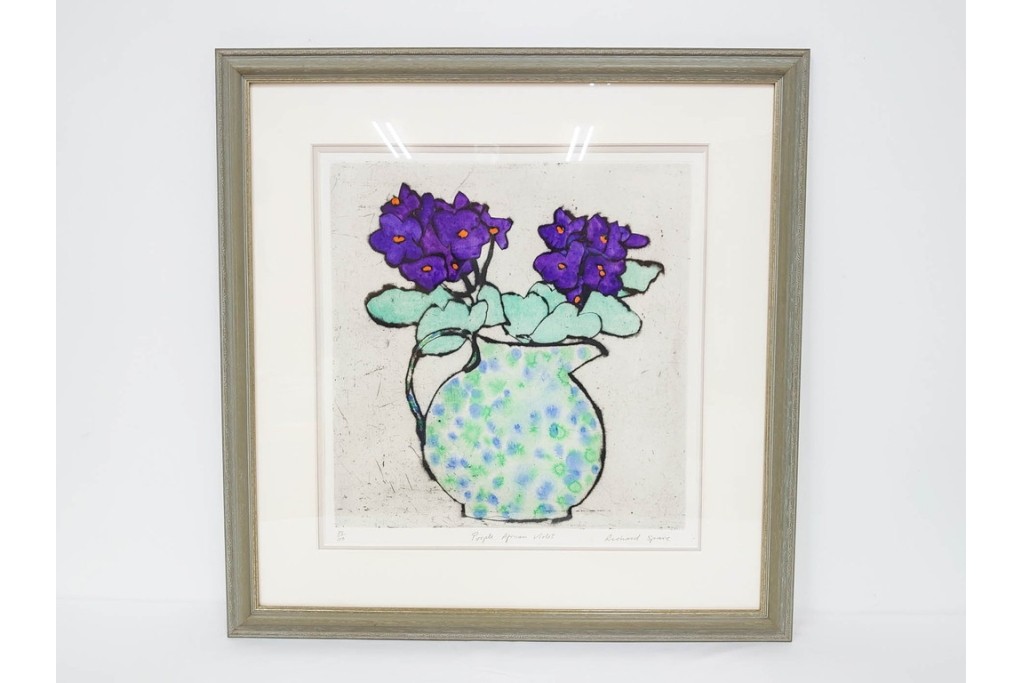 真作　サイン&メッセージ入り　リチャード・スペア(Richard Spare)　73/150　ドライポイント(銅版画)・水彩画　「Purple African Violet(パープル・アフリカン・バイオレット)」　(R-087299)