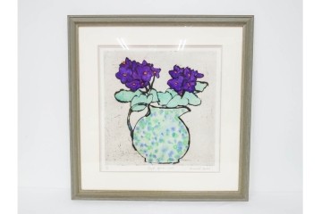 真作　サイン&メッセージ入り　リチャード・スペア(Richard Spare)　73/150　ドライポイント(銅版画)・水彩画　「Purple African Violet(パープル・アフリカン・バイオレット)」　(R-087299)