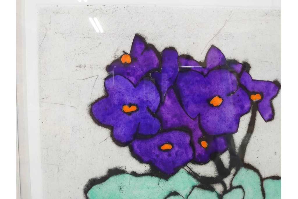 真作　サイン&メッセージ入り　リチャード・スペア(Richard Spare)　73/150　ドライポイント(銅版画)・水彩画　「Purple African Violet(パープル・アフリカン・バイオレット)」　(R-087299)