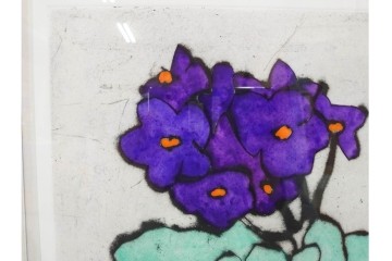 真作　サイン&メッセージ入り　リチャード・スペア(Richard Spare)　73/150　ドライポイント(銅版画)・水彩画　「Purple African Violet(パープル・アフリカン・バイオレット)」　(R-087299)