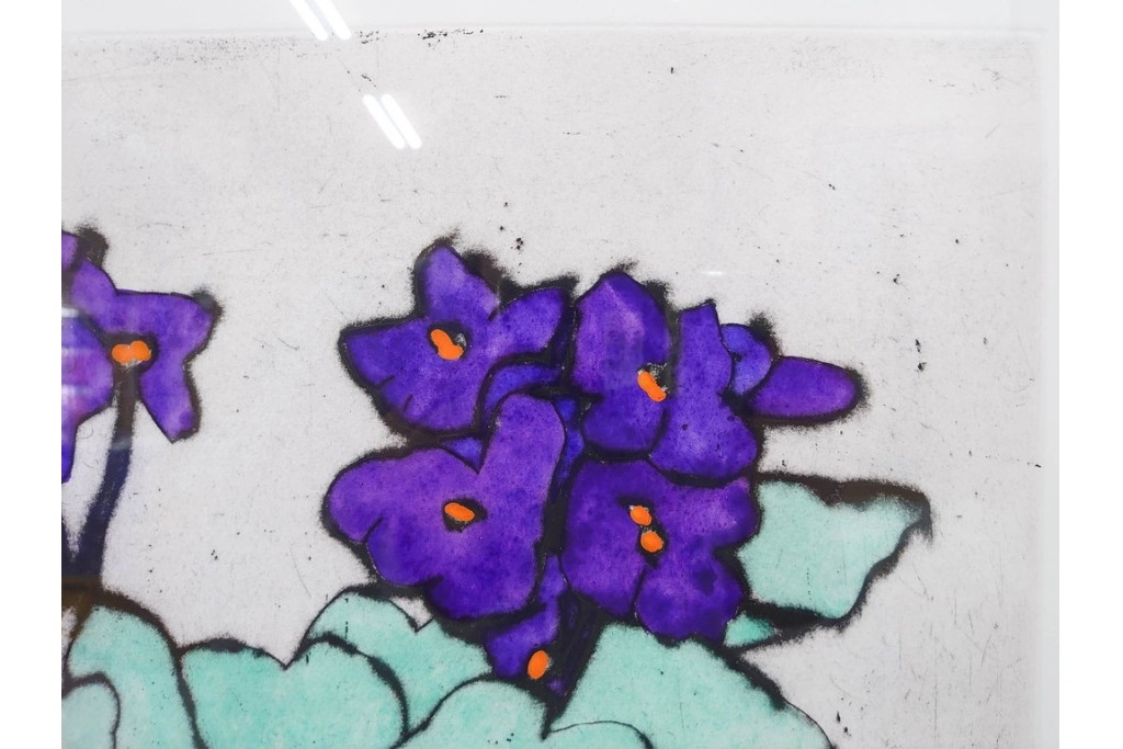 真作　サイン&メッセージ入り　リチャード・スペア(Richard Spare)　73/150　ドライポイント(銅版画)・水彩画　「Purple African Violet(パープル・アフリカン・バイオレット)」　(R-087299)