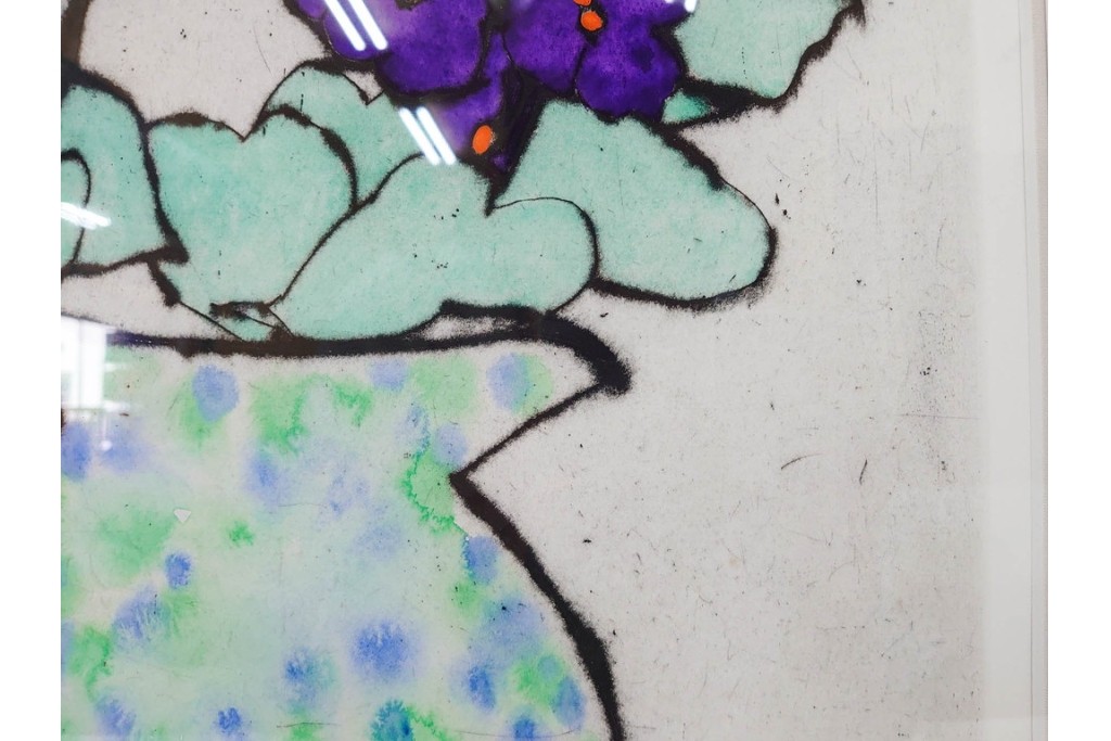 真作　サイン&メッセージ入り　リチャード・スペア(Richard Spare)　73/150　ドライポイント(銅版画)・水彩画　「Purple African Violet(パープル・アフリカン・バイオレット)」　(R-087299)