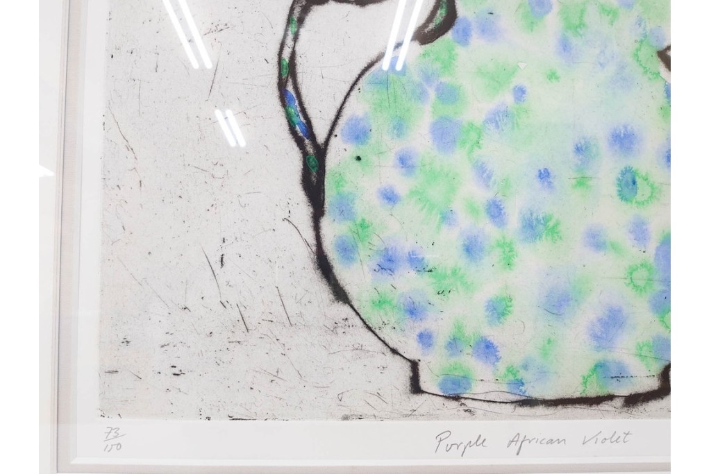 真作　サイン&メッセージ入り　リチャード・スペア(Richard Spare)　73/150　ドライポイント(銅版画)・水彩画　「Purple African Violet(パープル・アフリカン・バイオレット)」　(R-087299)