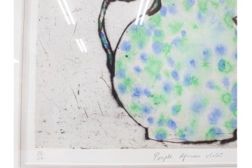 真作　サイン&メッセージ入り　リチャード・スペア(Richard Spare)　73/150　ドライポイント(銅版画)・水彩画　「Purple African Violet(パープル・アフリカン・バイオレット)」　(R-087299)