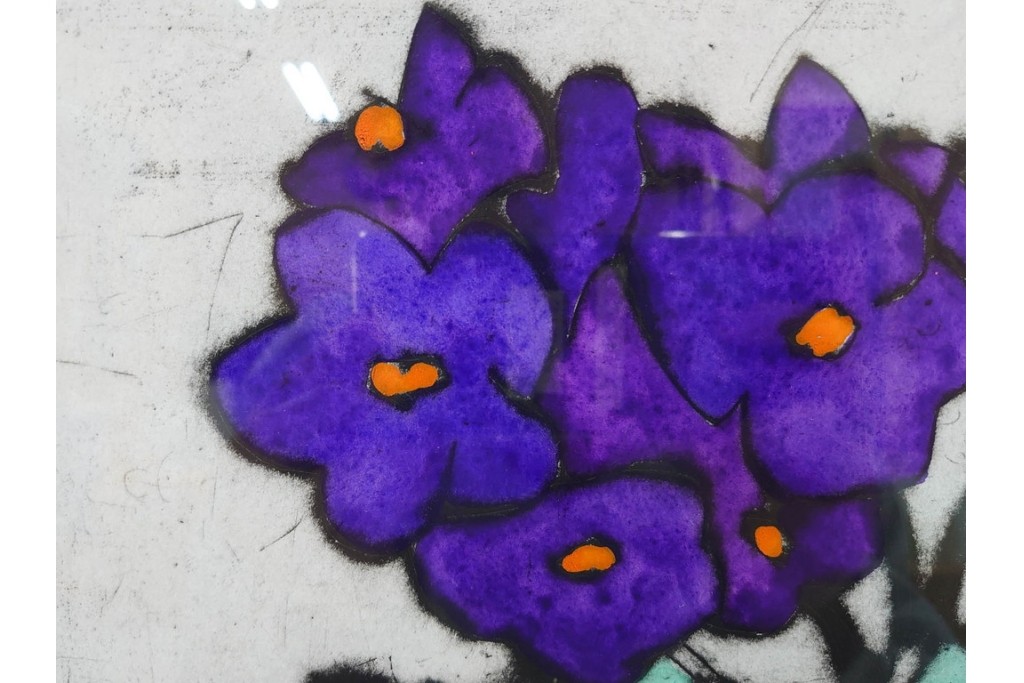 真作　サイン&メッセージ入り　リチャード・スペア(Richard Spare)　73/150　ドライポイント(銅版画)・水彩画　「Purple African Violet(パープル・アフリカン・バイオレット)」　(R-087299)