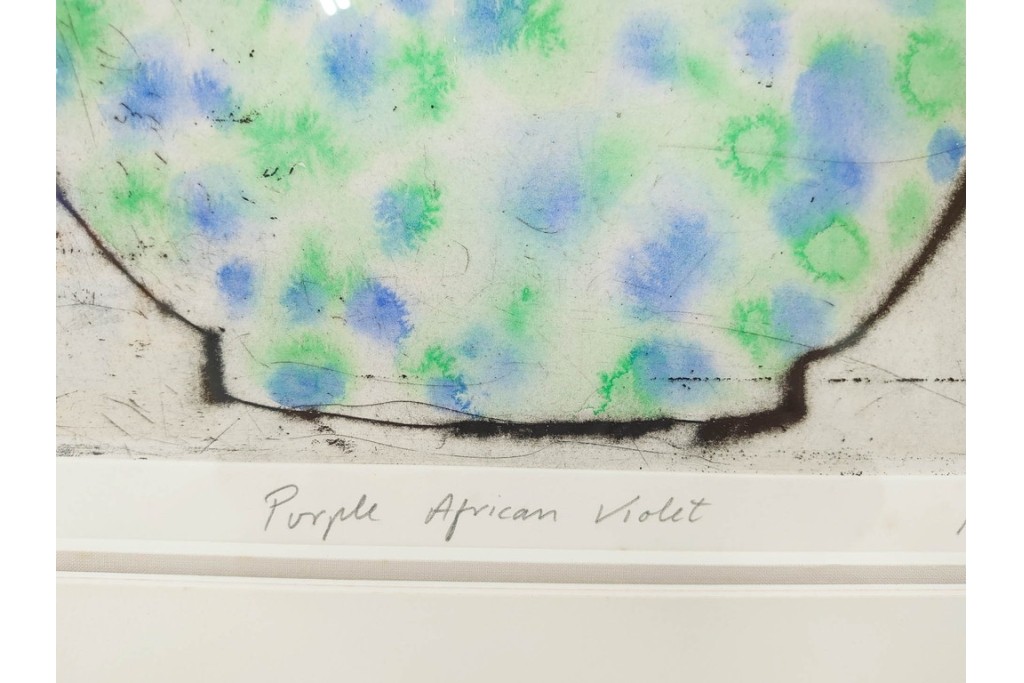 真作　サイン&メッセージ入り　リチャード・スペア(Richard Spare)　73/150　ドライポイント(銅版画)・水彩画　「Purple African Violet(パープル・アフリカン・バイオレット)」　(R-087299)