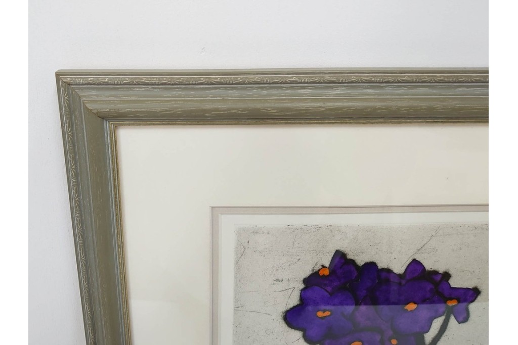 真作　サイン&メッセージ入り　リチャード・スペア(Richard Spare)　73/150　ドライポイント(銅版画)・水彩画　「Purple African Violet(パープル・アフリカン・バイオレット)」　(R-087299)