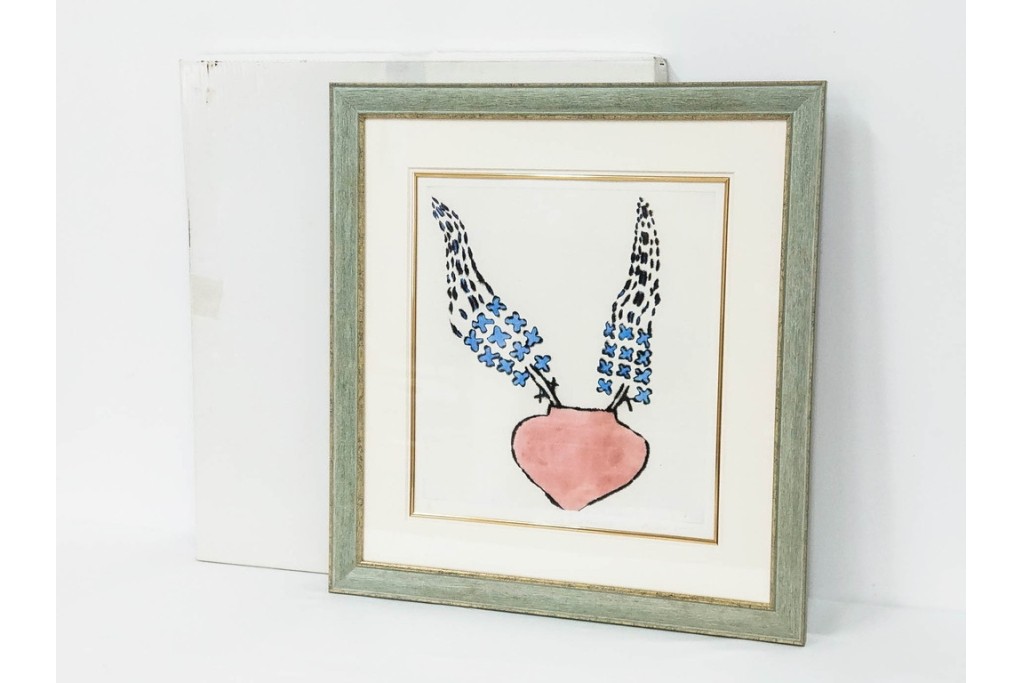 真作　サイン&メッセージ入り　リチャード・スペア(Richard Spare)　3/75　ドライポイント(銅版画)・水彩画　「Hearts and Flowers(ハートと花)」　外箱付き　(R-087300)