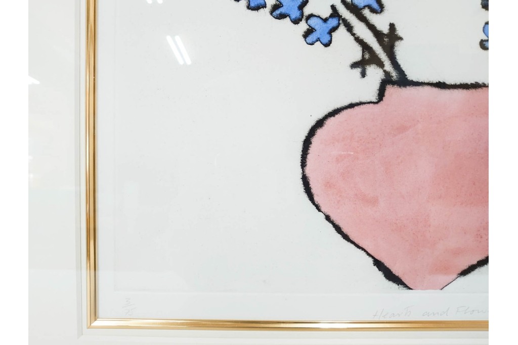 真作　サイン&メッセージ入り　リチャード・スペア(Richard Spare)　3/75　ドライポイント(銅版画)・水彩画　「Hearts and Flowers(ハートと花)」　外箱付き　(R-087300)